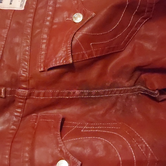 TRUE RELIGION LEATHER LOOK COATED COALWOOD RD STRAIGHT FLAPS JEANS SIZE 42 X 35 - Picture 7 of 10